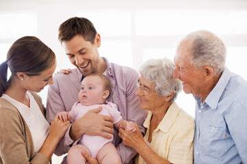 Poster - Parents, grandparents and baby with happiness in home for healthy development, security and comfort in apartment. Family, men and women with infant, smile and embrace for parenting, bonding and love