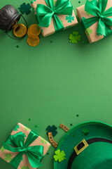 Wall Mural - St. Patrick's day whimsy top view vertical scene, with shamrocks, elfin hat, gold coins, surprise parcels, lucky horseshoe, and glitter, arranged on a lush background, leaving space for text