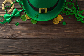 Wall Mural - Enchanting St. Patrick's day top view composition, displaying clovers, elf's cap, treasure coins, celebration spectacles, bow tie, horseshoe, strands arranged on wooden backdrop with space for wording