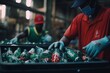 Employees worker hands in gloves sorting plastic bottles and glasses on recycling conveyor