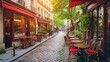 Charming Parisian street with caf√© tables, stunning architecture and iconic landmarks.
