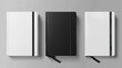 3d Realistic White, Gray, Black Closed Blank Paper Notebook Set Isolated on Transparent Background. Design Template of Copybook with Elastic Band for Mockup, Logo Print. Top View, generative ai,