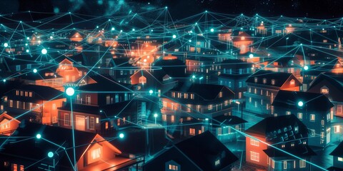 Wall Mural - Stylized image of a digital smart city with illuminated houses and connected data lines