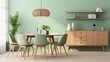 A tasteful depiction of a dining room featuring mint-colored chairs surrounding a round wooden dining table. 