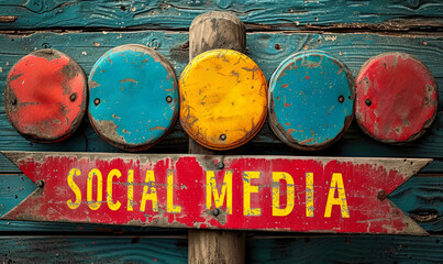 Poster - A multi directional signpost with colorful social media and communication icons representing various online and digital interaction platforms