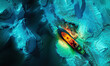 Orange exploratory ship conducting bathymetry and generating seabed maps using sonar technology. Seabed scans and mapping, underwater scanning, ocean topography, maritime and marine science