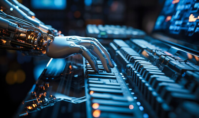Poster - Futuristic robotic arms engaged in cyber operations, typing rapidly on an illuminated keyboard, symbolizing advanced artificial intelligence technology