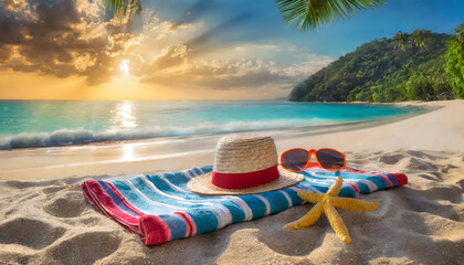 Wall Mural - Straw hat with red ribbon, sunglasses, starfish, colored beach towel at sunset tropical beach