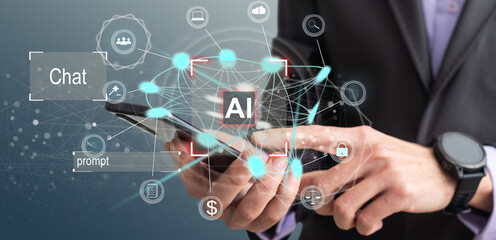 Leinwandbilder - Man using tools AI. technology smart robot science and artificial intelligence technology, and innovation futuristic and global connection for providing access to information and data online network,