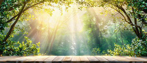 Wall Mural - Sunny Forest Park, Wooden Table with Natural Bokeh, Outdoor Summer and Spring Nature Background