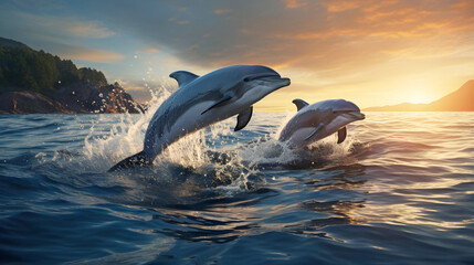 Two dolphins frollicking in the evening sun - warm orange sunset in the background and a pair of adult dolphins jumping out of the water playing in the open sea with land behind in the distance.
