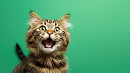 Wall Mural - A close-up of a cat's head with a surprised muzzle and wide-open eyes on a green background. Funny cat.