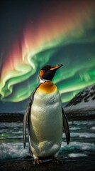 Sticker - A penguin stands in front of an aurora borealis. Generative AI.