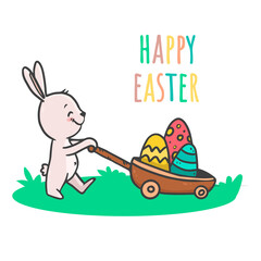 easter bunny with a basket of eggs. Cute cartoon rabbit and cart with eggs. Doodle style. Card for easter and spring. 