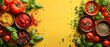 Food background with spices, herbs, sauces and vegetables on a yellow background