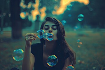 Canvas Print - A girl blowing soap bubbles in the park, illustrating the carefree and playful nature of girlhood.