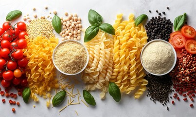 Wall Mural - Food background with spaghetti  or pasta recipe ingredient on wooden table