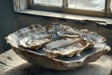 A luxurious platter of fresh oysters, presented on ice with lemon wedges and mignonette sauce, ready to deliver a true taste of the ocean's bounty.