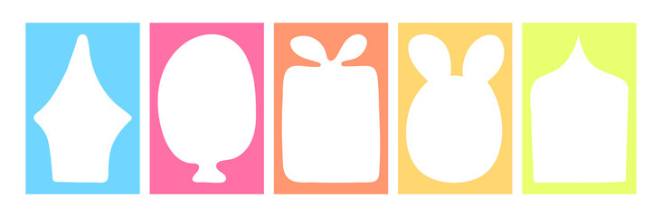Poster - Doodle multicolored blank rectangle borders set. Hand drawn Frame in shape of balloon, hare with ears, gift box, window with curtains. Simple Textbox with copy space for social media story or cards