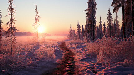 Wall Mural - The frozen river, like a mirror, reflects the bright colors of the sky and the surrounding natu