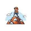 Vector illustration of a boy on top of a mountain. Flat style.