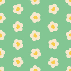 Wall Mural - White flowers with yellow hearts on green background. Vector seamless pattern in soft retro pastel colors.