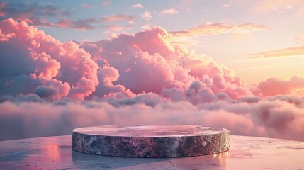 Stone podium tabletop floor in outdoor on sky pink gold pastel soft cloud blurred background