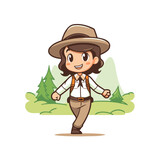 Fototapeta Dinusie - Vector illustration of happy cartoon farmer with hat and suspenders walking in the field