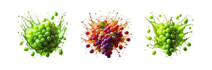 Set of grapes in juice splash in air, illustration, isolated over on transparent white background