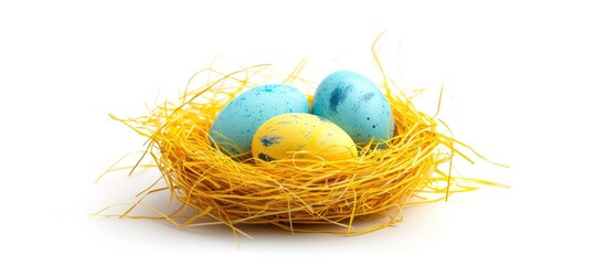 Three brown eggs are snugly nestled in a bright yellow straw nest. The nest is isolated on a clean white background, creating a simple and striking composition.