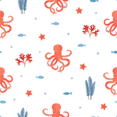 Wall Mural - Seamless marine pattern with cute octopus, fish and seaweeds. Vector watercolor sea illustration