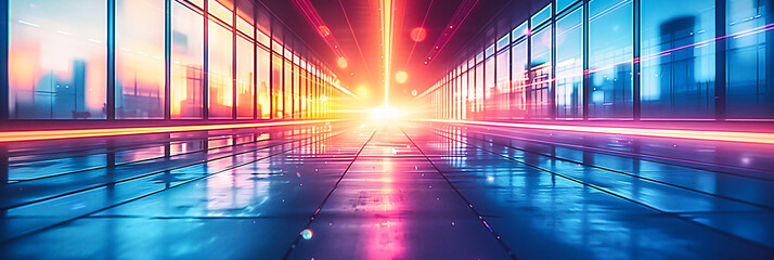 Poster - Futuristic City Street at Night, Glowing Lights and Modern Design, Abstract Urban Technology