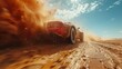 Drifting offroad car in the desert. Freeze motion of exploding sand powder into the air. Action and leisure activity.