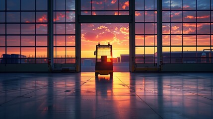 Poster - The silhouette of an Automated Guided Vehicle (AGV) is cast by a dramatic sunset seen through the expansive windows of a warehouse.