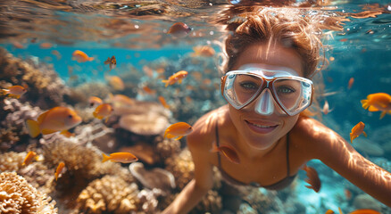 Wall Mural - Young woman underwater wearing mask during snorkeling swimming on summer tropical vacation with colorful fishes.Macro.AI Generative.