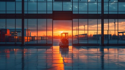 Poster - The silhouette of an Automated Guided Vehicle (AGV) is cast by a dramatic sunset seen through the expansive windows of a warehouse.