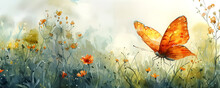 Watercolor Painting Of Butterfly Amidst Blossoming Flowers, Illustrating A Serene, Natural Beauty