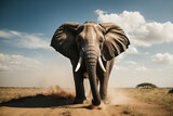 Fototapeta Perspektywa 3d - african elephant is walking on desert after rain front view, 3d illustration
