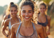 Group of happy active young women on summer morning outdoor exercise fitness workout.Macro.AI Generative.