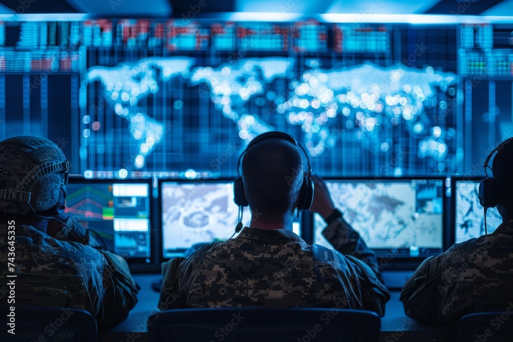 Foto de Stock Military personnel monitoring operations in a high tech ...