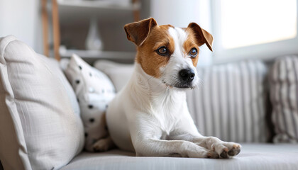 Sticker - banner showing a Dog Jack Russell Terrier sits on the couch