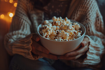 Wall Mural - Cozy Evening at Home with a Bowl of Popcorn, Comfortable Knit Sweater, and Warm Ambient Light