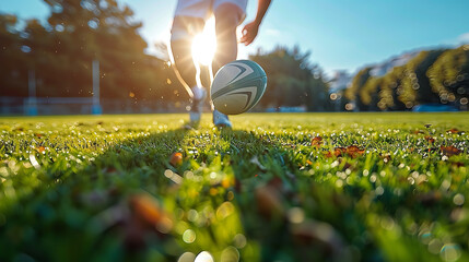 photo of a running rugby player holding a rugby ball in a rugby stadium on a rugby field. depth of field