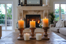 Three Candles Are Arranged On Top Of The Fireplace, Captured In A Wide-angle Shot With A Flat Perspective. The Candles Emit A Warm Glow In The Bright Environment