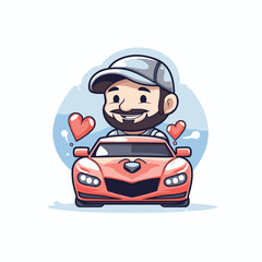 Wall Mural - Cute cartoon man driving a car with love. vector illustration.