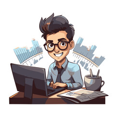 Wall Mural - Businessman working at office with computer. Vector illustration in cartoon style