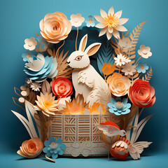 Wall Mural - Easter eggs in Easter basket with bunny, 3D layered in paper cut art style