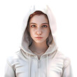 Portrait of a young girl in a white hoodie on a white background