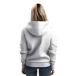 Woman in white hoodie on a white background. Back view.