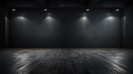 Canvas Print - Dark grey gradient background spotlight on empty studio room. Empty dark abstract cement wall and studio room with smoke float up interior texture for display products wall background.